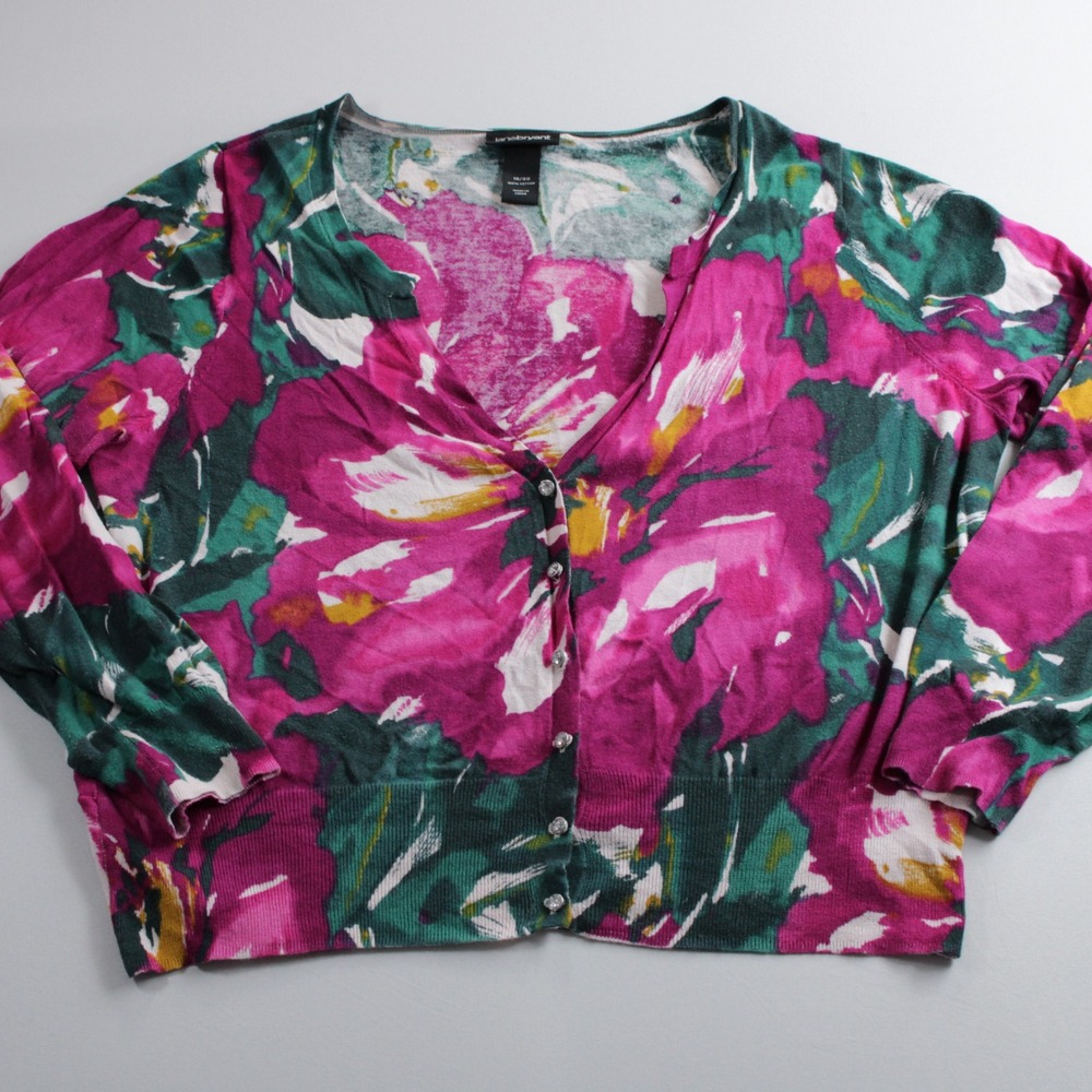 Lane Bryant Floral Cotton Cardigan Sweater Pink Green Rhinestone Button 18/20